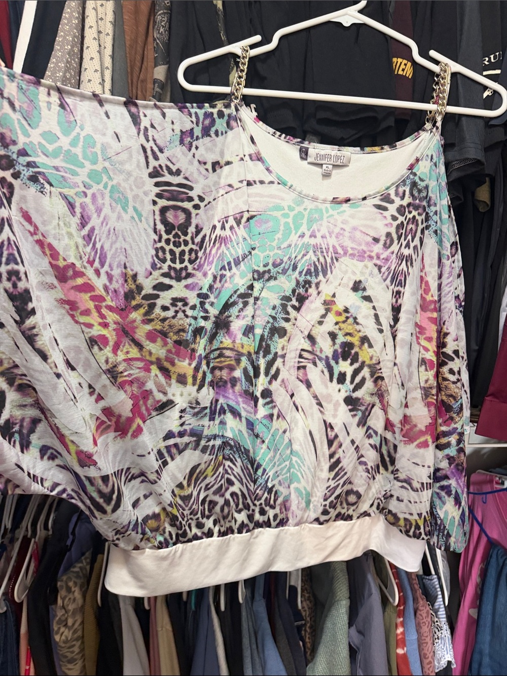Jennifer Lopez Multi-Color Printed Chain-Strap Dolman Sweatshirt